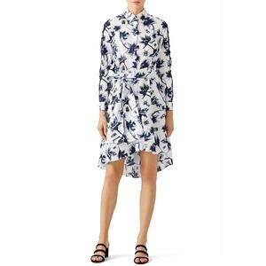 Osman Suzie White Floral Print Long Sleeve Tie Waist High Low Shirt Dress Sz 12